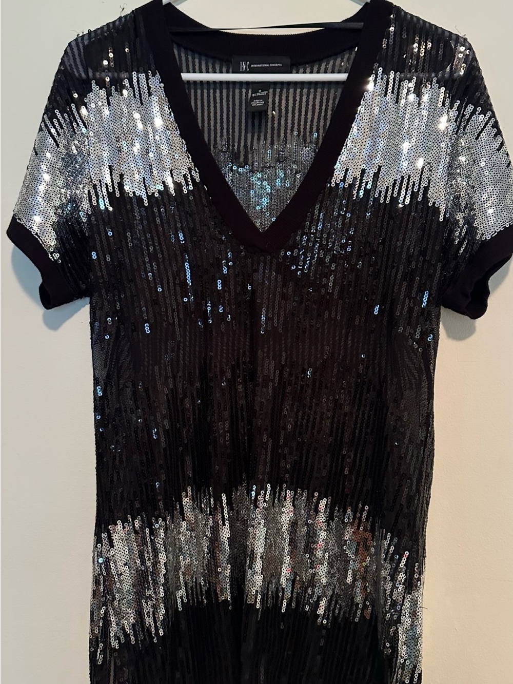 INC International Concepts Black Top with Silver Sequin Ombre